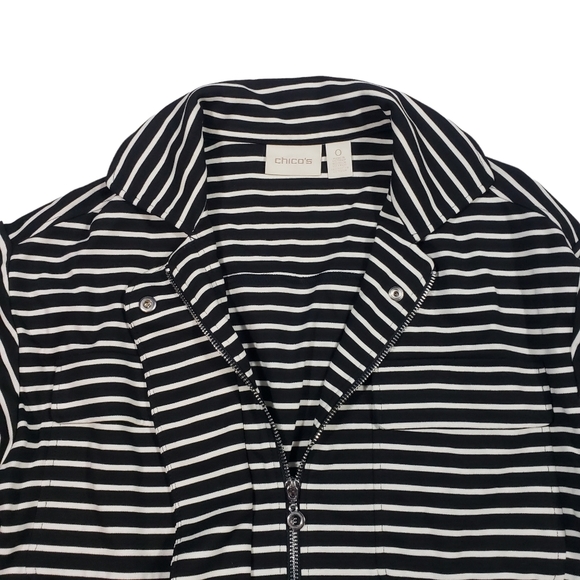 Chicos Black White Striped Jacket Size 0 US 4 SMALL Full Zip Belted Lightweight - Picture 6 of 14
